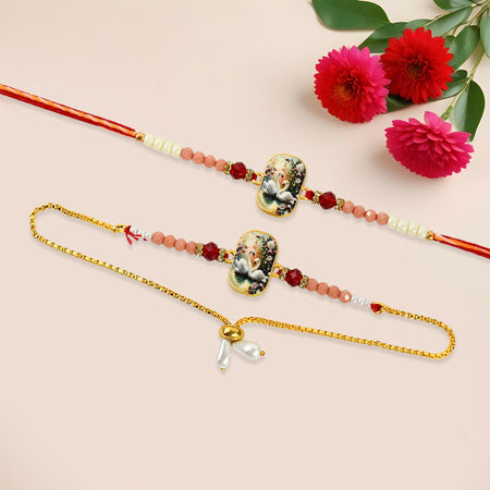Elegant Swan Design Bhaiya Bhabhi Rakhi Set Premium Printed Tile Rakhi With Crystal Beads Adjustable Bracelet