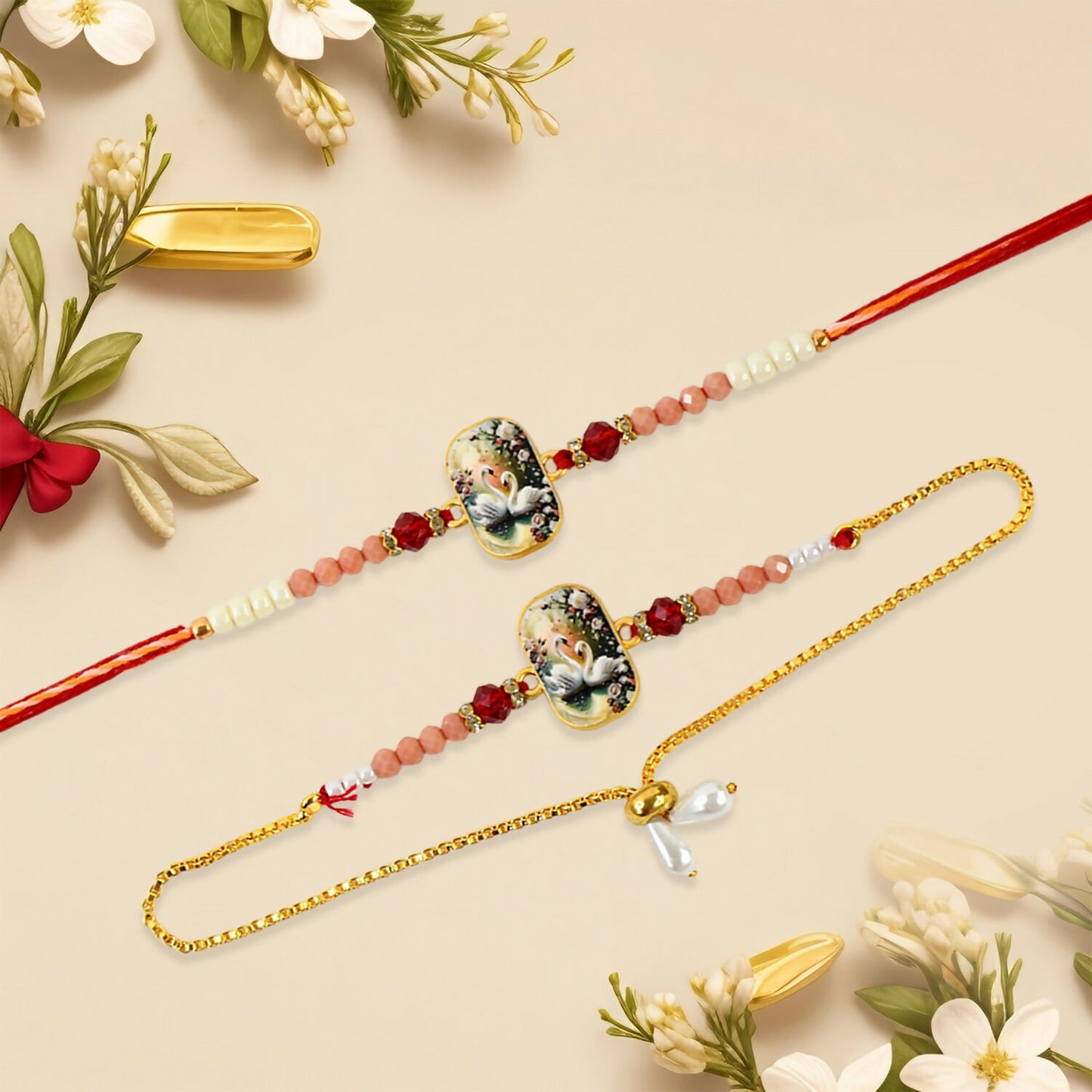 Elegant Swan Design Bhaiya Bhabhi Rakhi Set Premium Printed Tile Rakhi With Crystal Beads Adjustable Bracelet