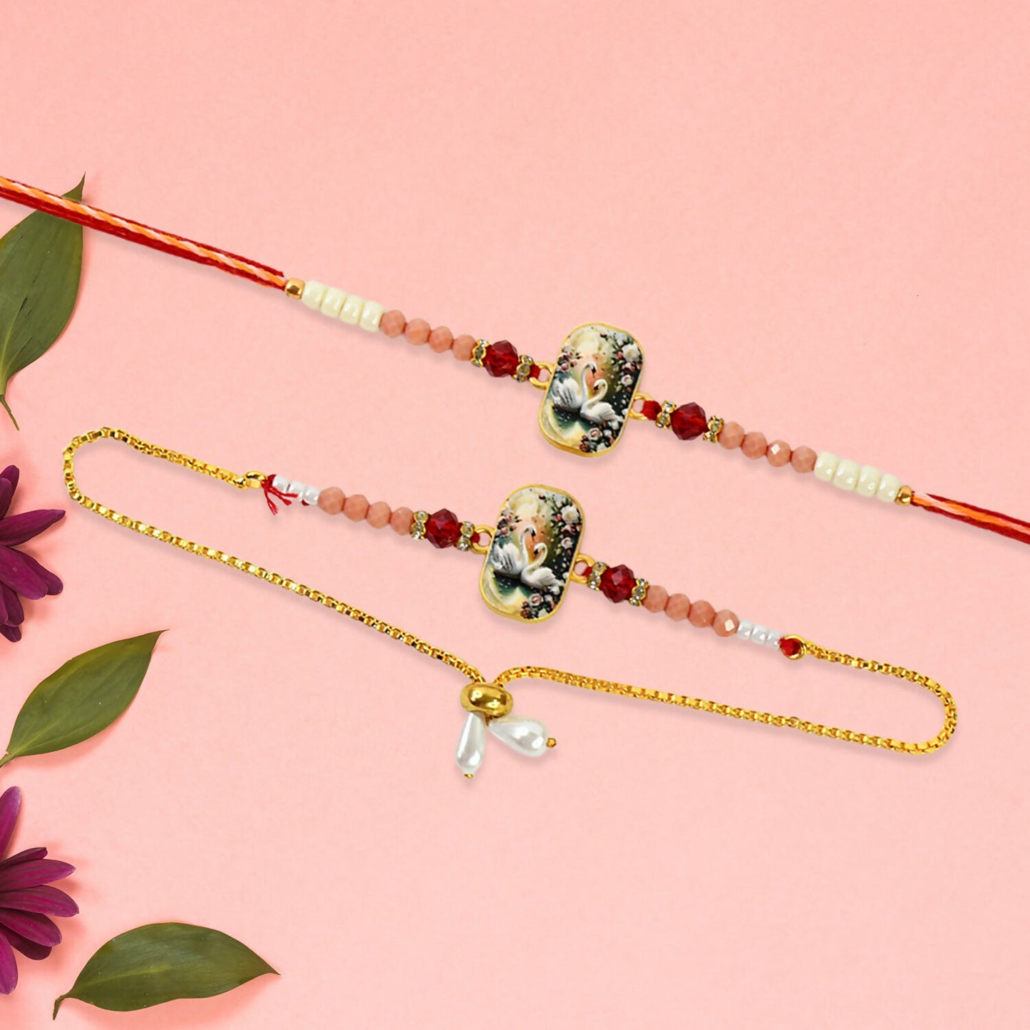 Elegant Swan Design Bhaiya Bhabhi Rakhi Set Premium Printed Tile Rakhi With Crystal Beads Adjustable Bracelet