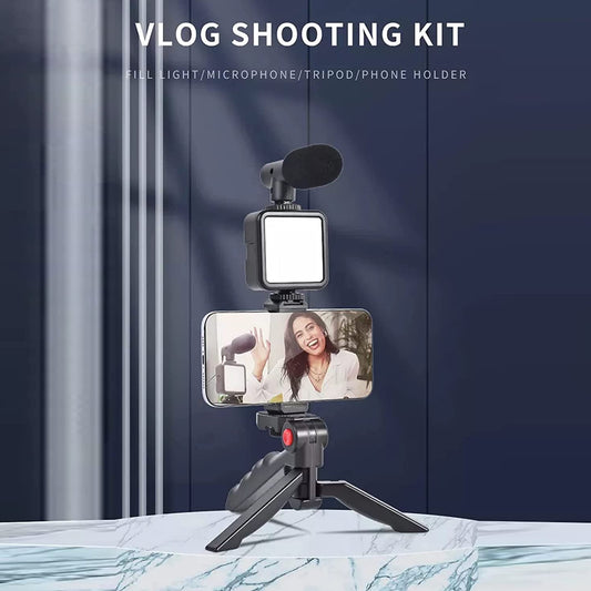 Vlogging Kit For Video Making With Mic Mini Tripod Stand Led Light  Phone Holder Clip For Making Videos