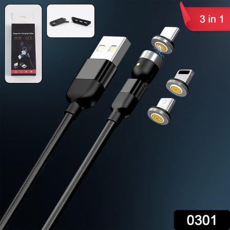 3 In 1 Magnetic Usb Charging Cable Usb-c Android And Lightning With Extra Protecting Nylon Strong Magnetic Cable With Full Rotation Support Fast Charging