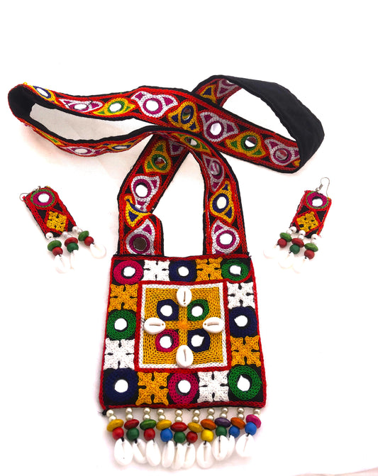 Handmade Tribal Cowrie Shell & Mirror Long Necklace Set – Traditional Navratri Jewelry