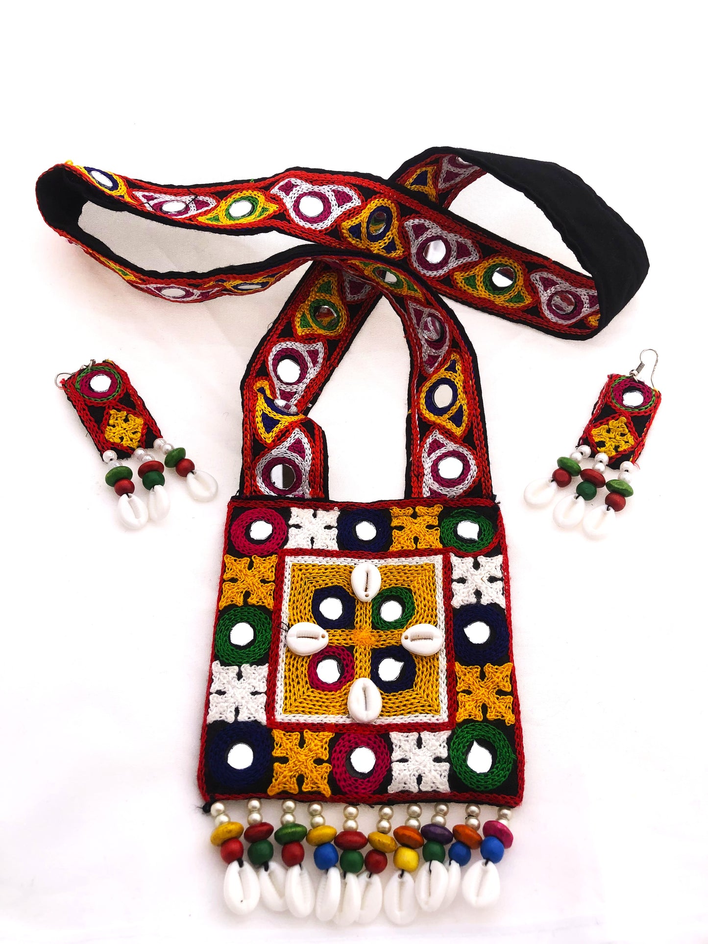 Handmade Tribal Cowrie Shell & Mirror Long Necklace Set – Traditional Navratri Jewelry