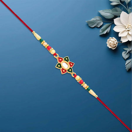 Elegant Floral Rakhi With Multicolor Stone Work And Beaded Thread