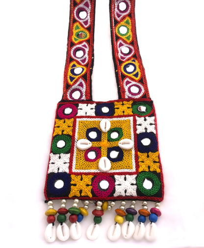Handmade Tribal Cowrie Shell & Mirror Long Necklace Set – Traditional Navratri Jewelry