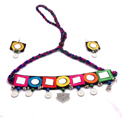 Trendy Handmade Mirror Work Choker Necklace & Earrings Set for Women
